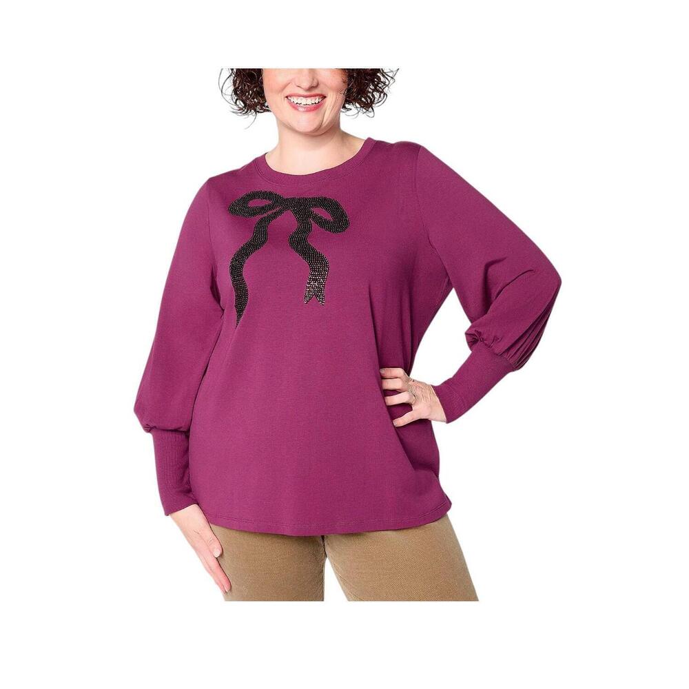 Jingle Belles by Kim Gravel Women's TripleLuxe Long Slv Bow Top Plum - Regular